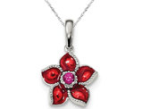 Lab-Created Ruby and Red Enamel Flower Charm Pendant Necklace in Sterling Silver with Chain